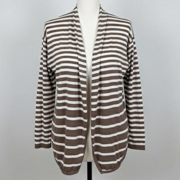 NWOT Ann Taylor Hi Low Cardigan S Beige Stripe Knit Open Front Modern - Picture 2 of 13